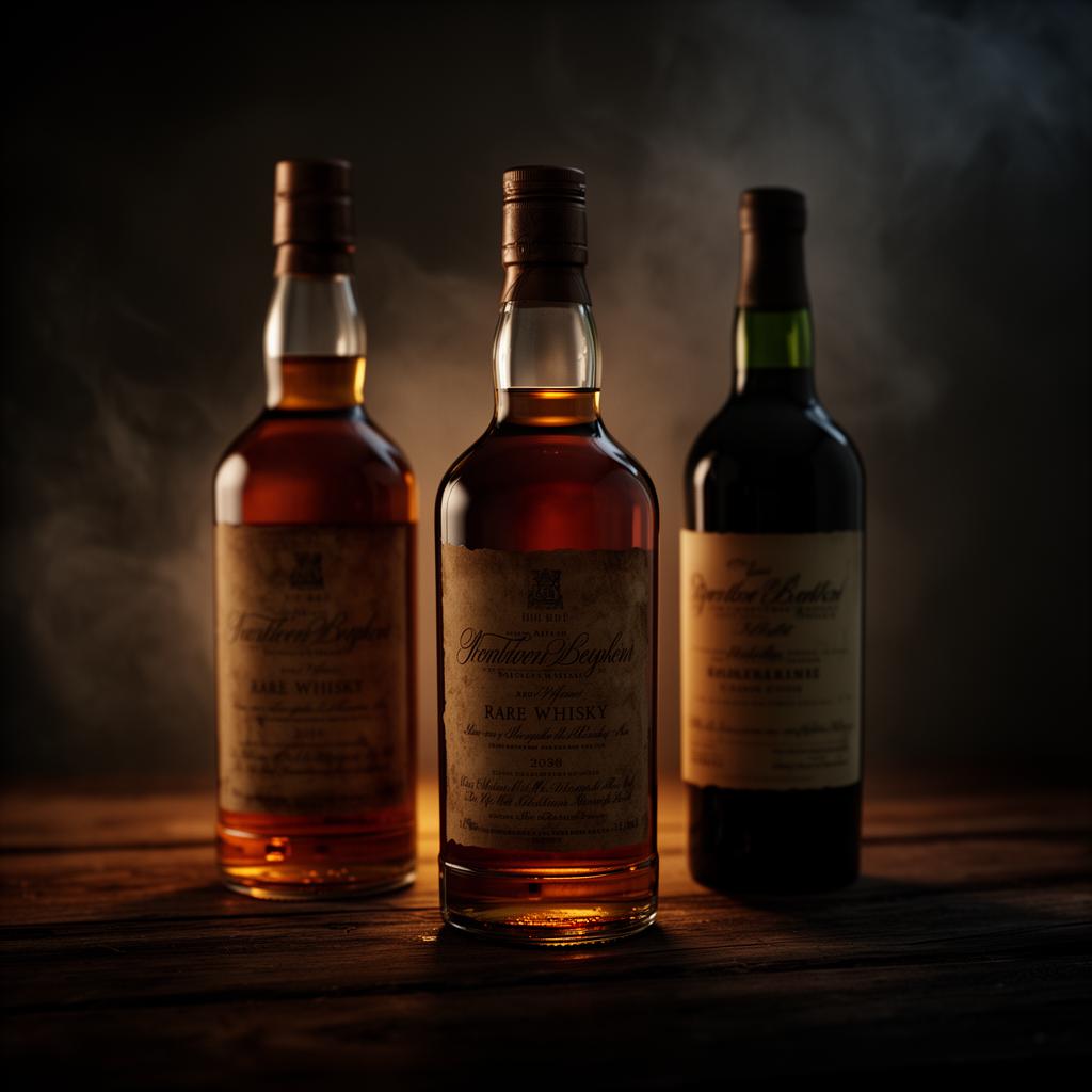 Three rare whisky and wine bottles photographed in moody amber light